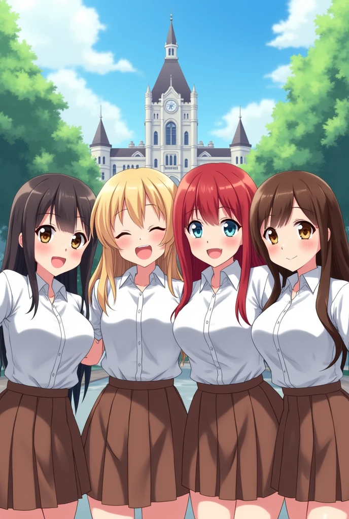 A group of four different happy carefree schoolgirls in white shirts and brown skirts, with hair of different lengths, (brown-haired, blonde, redhead and brunette), Different breast sizes, hugging each other&#39;s shoulders and smiling, in a row, against the backdrop of the academy building
