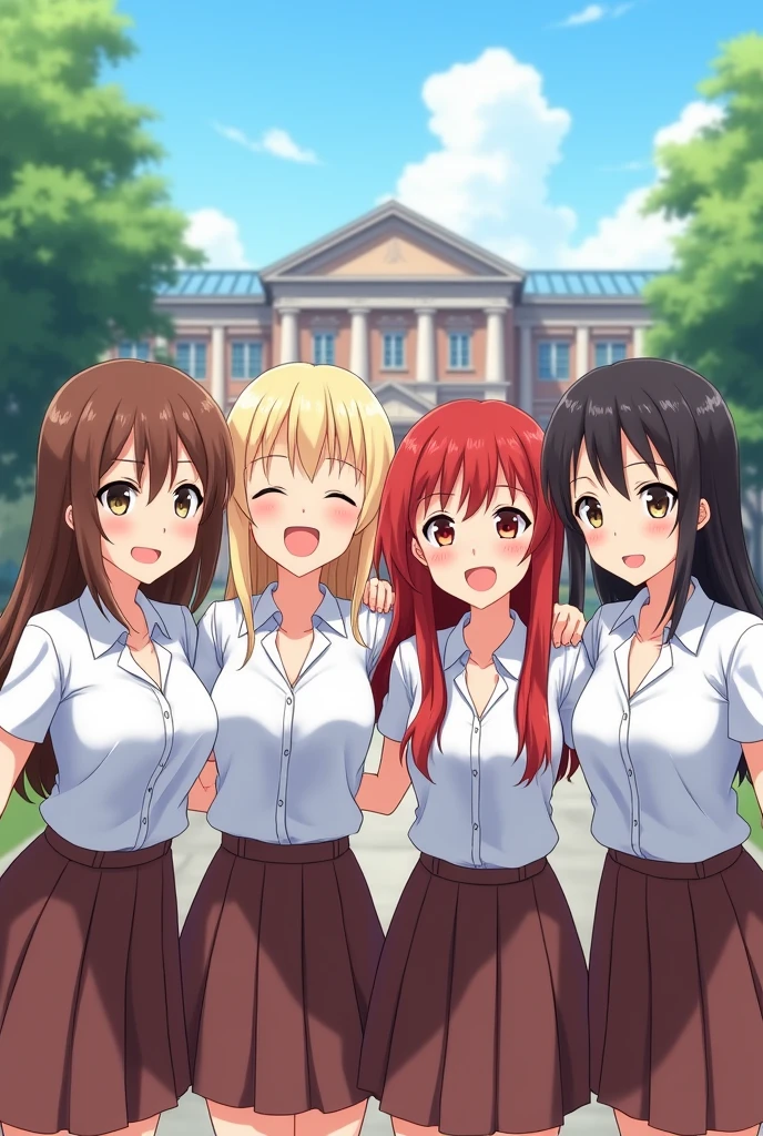 A group of four different happy carefree schoolgirls in white shirts and brown skirts, with hair of different lengths, (brown-haired, blonde, redhead and brunette), Different breast sizes, hugging each other's shoulders and smiling, in a row, against the backdrop of the academy building