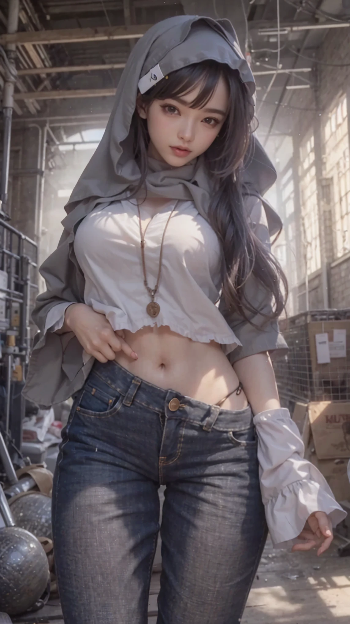 NSFW, ((Wide-Angle, 8k, extremely detailed, high detailed, ultra high definition)), beautiful korean girl with hijab inside old factory, ((dynamic poses, naughty, slutty)), (full body shot:0.8, large breasts), perfect body, room full of old men, working men on background, perfect eyes, confused face, white shirt, torn jeans, groin, 