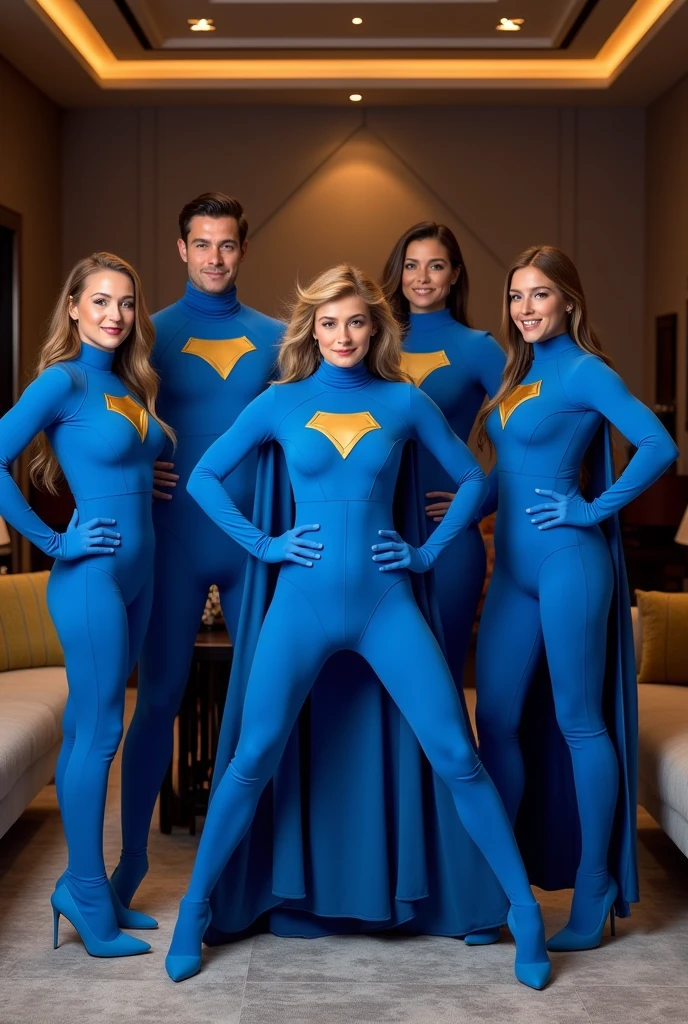 Several people in a plush suit as a superhero (royal blue) with the name of your company: Credifast. Making various poses for some photographs.