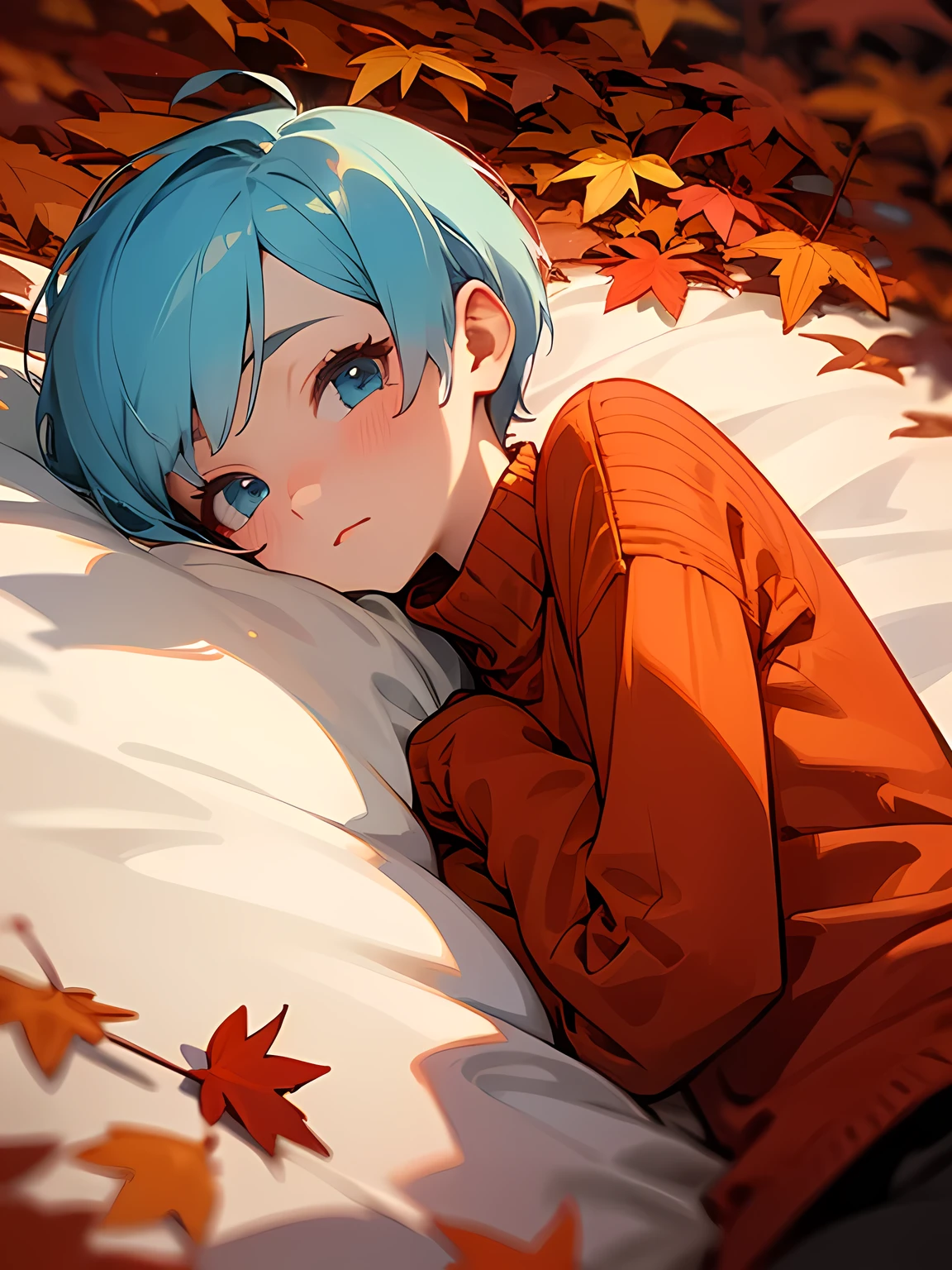 solo,pastel blue short pixie cut,cute face,water blueeyes,wearing a mustard red knitted sweater lying on a bed of autumn leaves. The leaves in the background are a mix of red , red and red tones, suggesting the fall season.