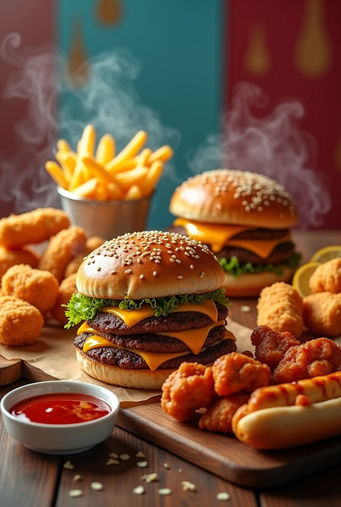 Create an ad for the following products: Hamburger, hotdogs, French fries, potato wedges, nuggets, marinated wings