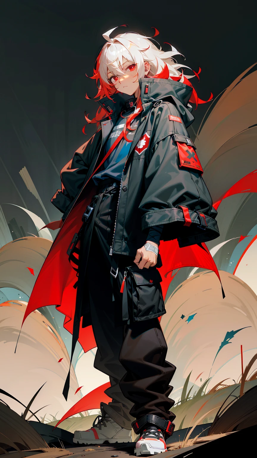 1male, tan skin, black highlighted hair, red and white hair, messy hair, wavy hair, red eyes, expressionless, (dark blue oversized coat), black cargo pants, black undershirt, bandaged clothing, grassland background, standing on path, hands to side, hands down