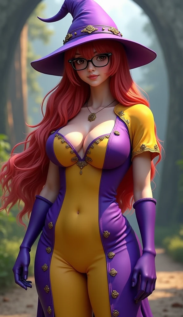 Create a live-action image of the gender-swapped version of Chamoro (Mara) from Dragon Quest VI. The character should have long, flowing red hair, which is entirely covered by a hat in the same purple and yellow color scheme as the outfit. The female version has a larger chest, with the original outfit modified to emphasize this feature. The outfit should be divided evenly into purple and yellow, with each color covering half of the dress. The dress is more form-fitting, with a lower neckline to reveal prominent cleavage and a shorter skirt to highlight her curves. The character should wear glasses and matching purple gloves. The background should reflect the enchanting, magical world of Dragon Quest VI, evoking a sense of fantasy and mystique. The overall look should stay true to the character’s origins, translating it into a realistic, live-action style that highlights her feminine features while maintaining the original color scheme and design of her clothing.