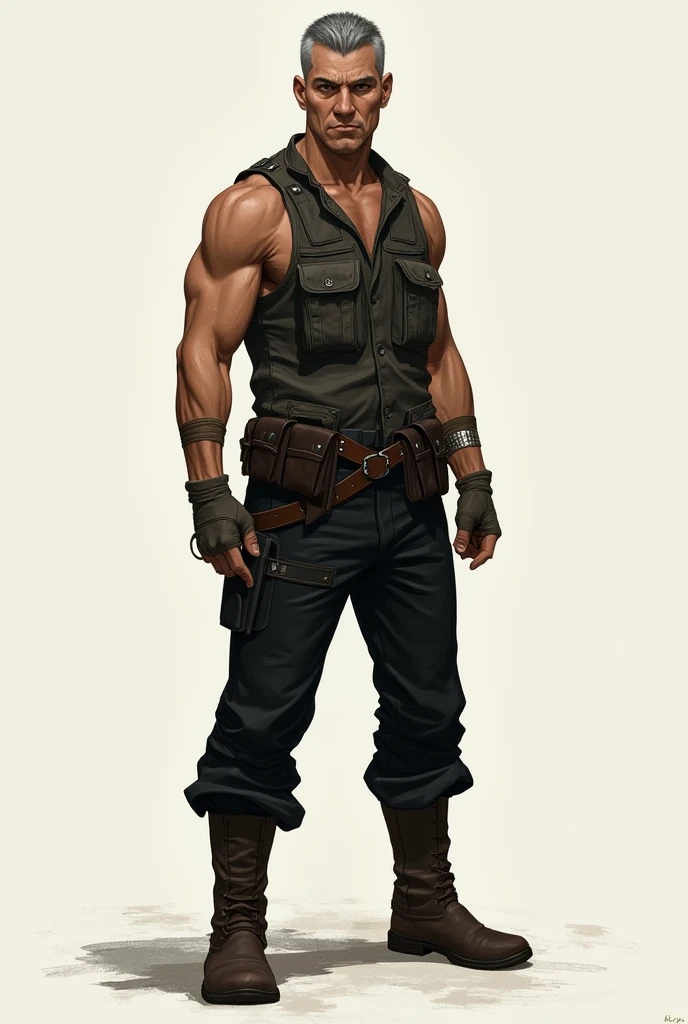 Young man,gray and very short hair,mercenary,wearing waistcoat,black pants and boots