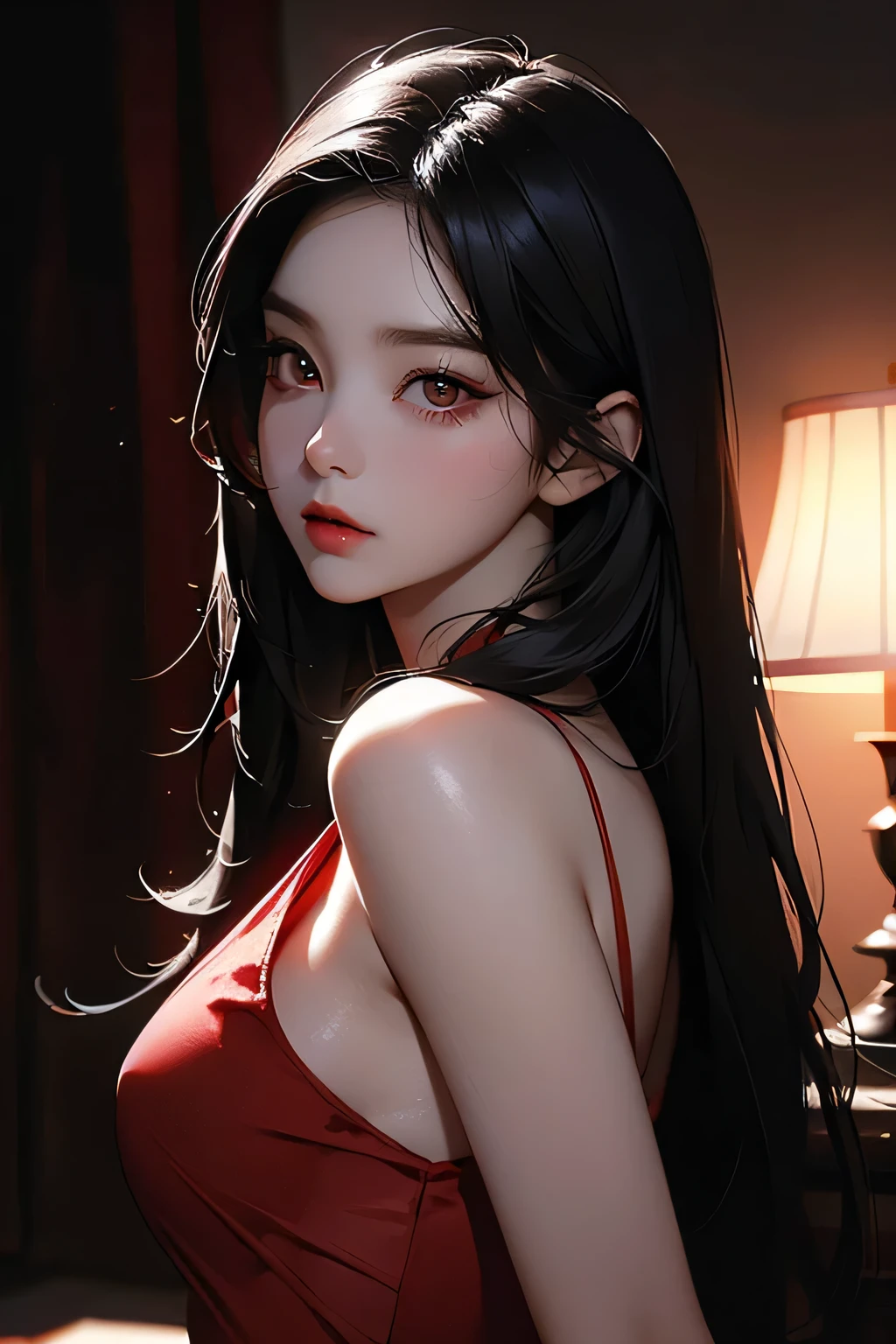Bae Irene, red satin dress, long black hair, beautiful detailed eyes, beautiful detailed lips, extremely detailed face, longeyelashes, elegant pose, dramatic lighting, cinematic, chiaroscuro, dramatic shadows, moody, atmospheric, photorealistic, 8k, best quality, masterpiece