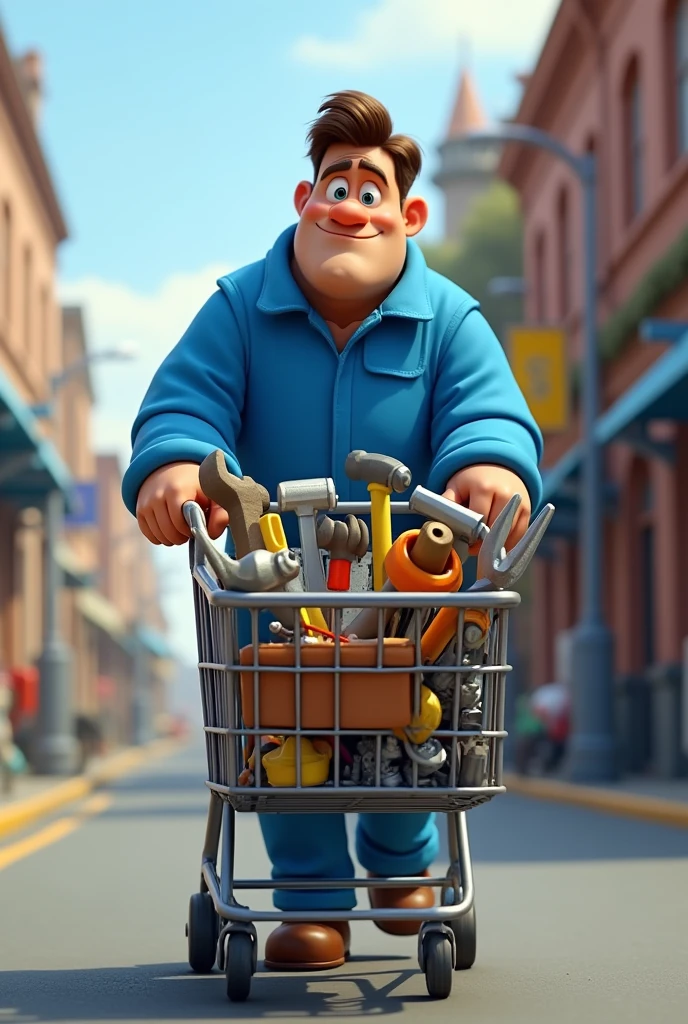 Animated man dressed in blue with his shopping cart full of tools with no bottom
