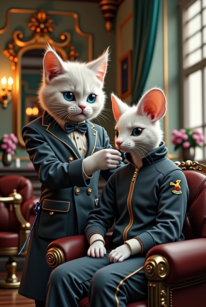 Persian cat hairdresser in hairdresser suit styling hair on luxury chair in barber shop of mouse in tracksuit realistic, real, high resolution detail, full picture as real