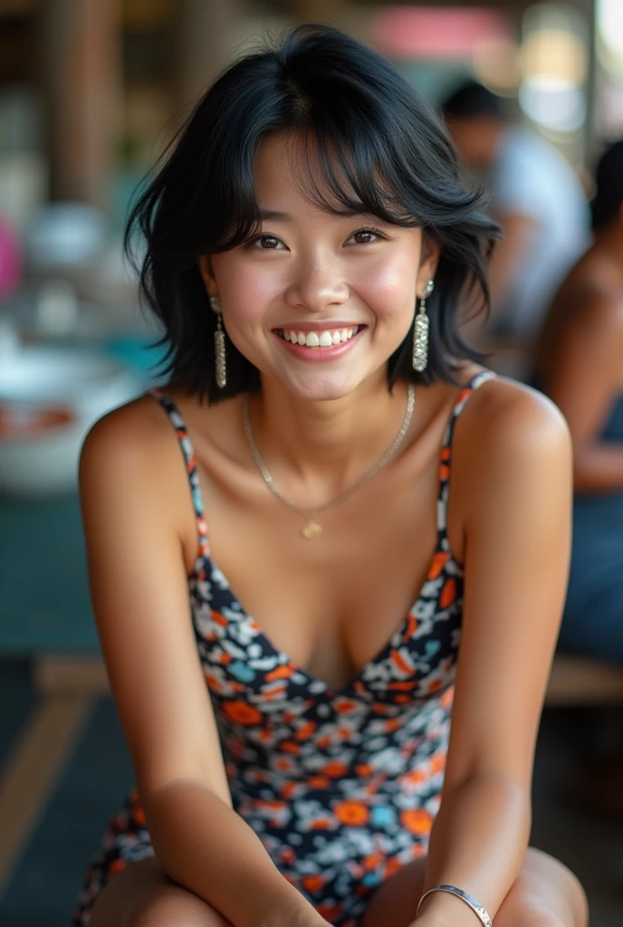 Jagalchi Fish Ma amateur solo portrait photo, realistic, (( girl)), (((short black hair))), (((smile512))), big smile, silver earrings, (((short tight dress with abstract motif))) (((sitting back))), ((Photo of vibrant energy