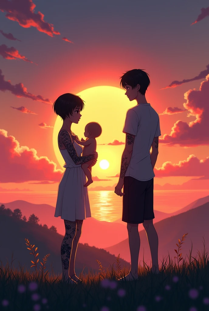 a couple of a short black haired woman of medium height with tattoos, with a tall, skinny man with short hair and no tattoos with a baby, watching a sunset in silver anime style 
