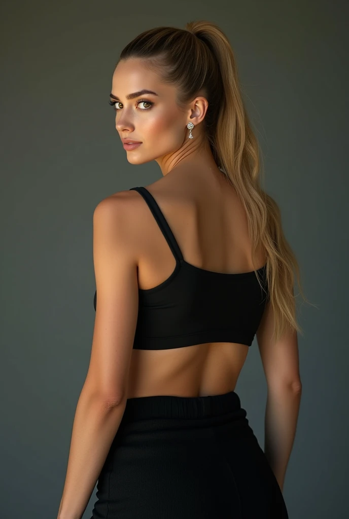 A very realistic and detailed photo of Ana de Armas ,tight black skirt, perfect makeup, long sleek ponytail blonde hair, high quality photo 4k, very detailed, perfect fit, looking at the camera, detailed realistic face, detailed brown eyes, confident,