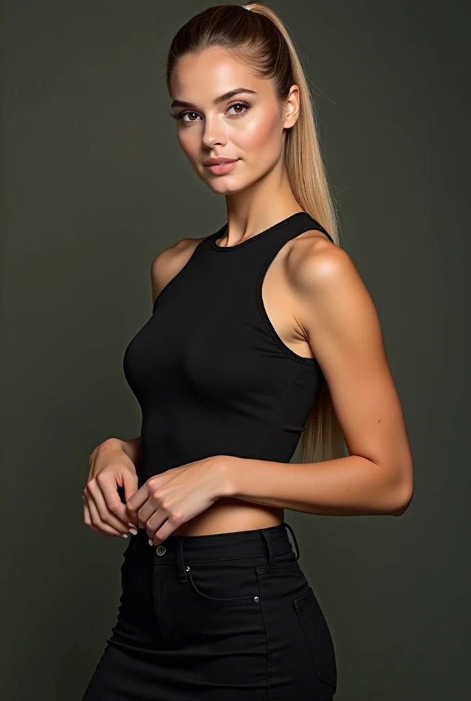 A very realistic and detailed photo of Ana de Armas ,tight black skirt, perfect makeup, long sleek ponytail blonde hair, high quality photo 4k, very detailed, perfect fit, looking at the camera, detailed realistic face, detailed brown eyes, confident,