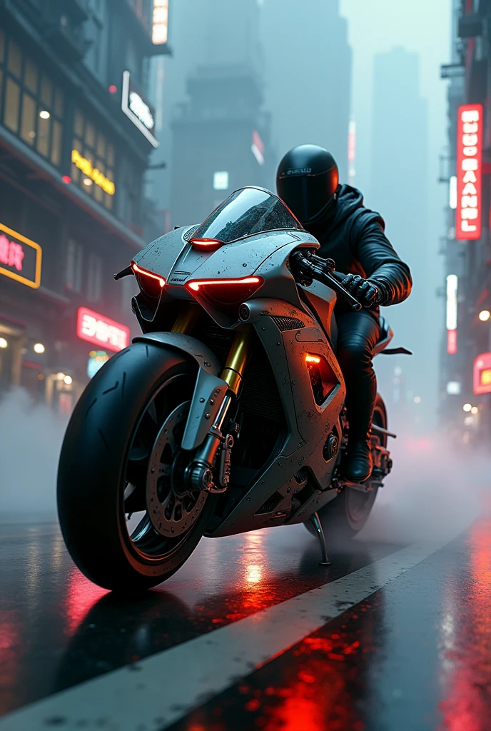 detailed cyberpunk motorcycle, ninja h2r, futuristic motorcycle, riding on the road, motorcycle from behind, 1 person on a motorcycle, intricate details, High resolution, 8k, Photorealistic, hyper detailed, cinematic lighting, Dynamic motion blur, gritty urban environment, Neon lights, glowing cybernetic elements, chrome details, worn texture, mecha inspired design, complex machinery, industrial urban landscape, Changing the color palette, (Best Quality,4k,8k,High resolution,masterpiece:1.2),ultra detailed,sharp focus,(realist,photorealist,fotorrealista:1.37), Extremely fine,intricate details,intense lighting,dramatic lighting,lighting change,cinematic lighting,chiaroscuro lighting,dramatic shadows,dramatic moments,vivid colors,intense colours,Deep contrast,cinematic depth of field,cinematographic composition,cinematic camera angle