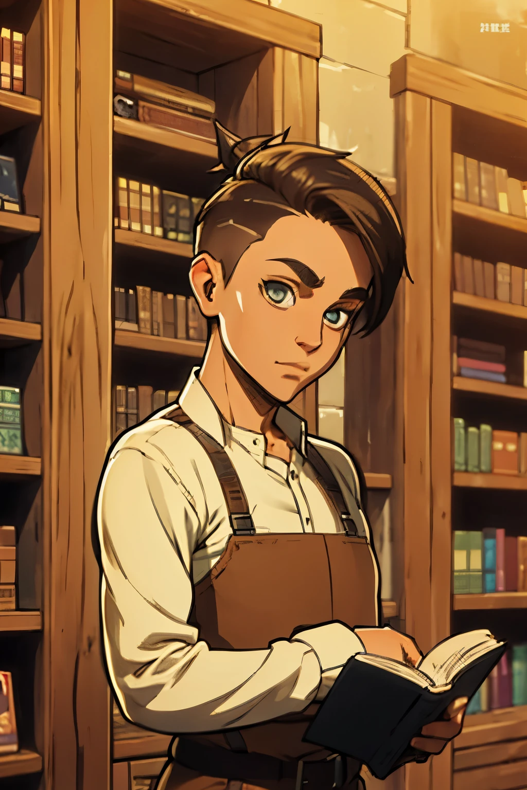 halfling, androgynous, rogue, undercut, man bun, mousy brown hair, medium blonde, buzzed sides, reading a book, content, slim figure