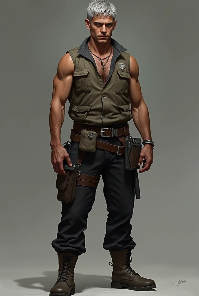 very young man,gray and very short hair,mercenary,wearing waistcoat,black pants and boots