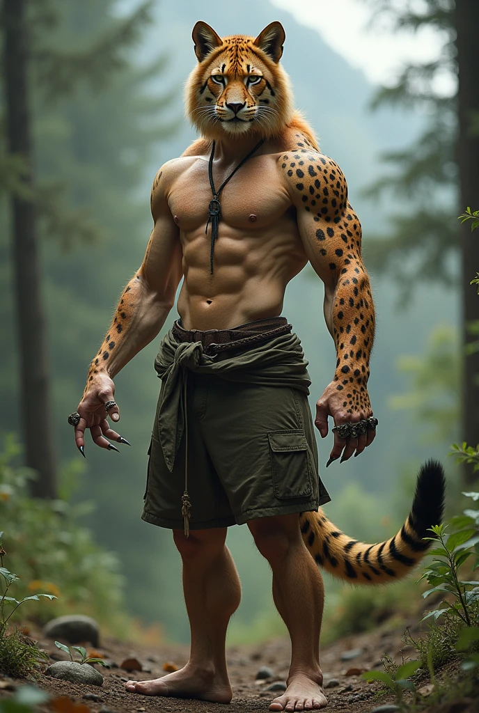 Young man capable of transforming body parts into animals, lion's paw, leopard tail, wolf's ears