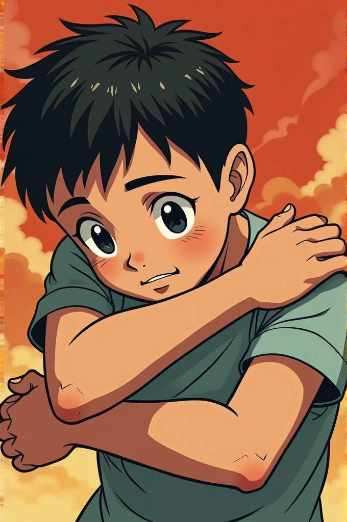 A boy who was escaping is caught by two hands, they grab him tightly, covering her mouth and grabbing her arm, in retro anime style