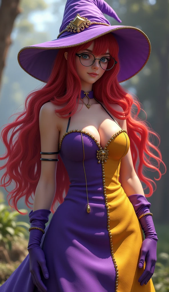 Create a live-action image of the gender-swapped version of Chamoro (Mara) from Dragon Quest VI. The character should have long, flowing red hair, which is entirely covered by a hat in the same purple and yellow color scheme as the outfit. The female version has a larger chest, with the original outfit modified to emphasize this feature. The outfit should be divided evenly into purple and yellow, with each color covering half of the dress. The dress is more form-fitting, with a lower neckline to reveal prominent cleavage and a shorter skirt to highlight her curves. The character should wear glasses and matching purple gloves. The background should reflect the enchanting, magical world of Dragon Quest VI, evoking a sense of fantasy and mystique. The overall look should stay true to the character’s origins, translating it into a realistic, live-action style that highlights her feminine features while maintaining the original color scheme and design of her clothing.