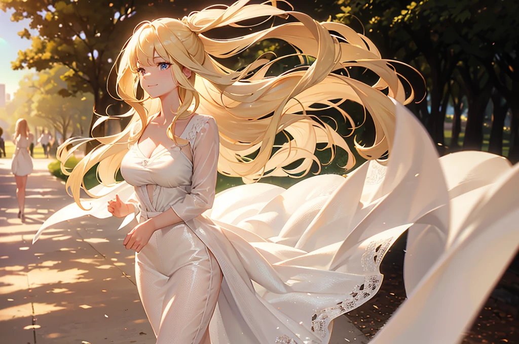RAW PHOTO, Elegant mature woman, Blonde, Long Hair, bangs, White blouse, Cleavage, Soft Light, high quality, 4K resolution, (walking in a park:1.3), (summer sunset:1.2), smile