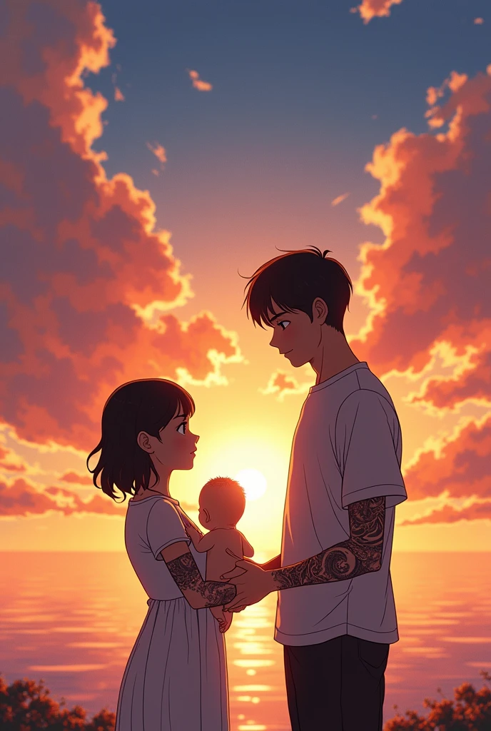 a couple of a short black haired woman of medium height with tattoos, with a tall, skinny man with short hair and the man without tattoos with a baby, watching a sunset in silver anime style