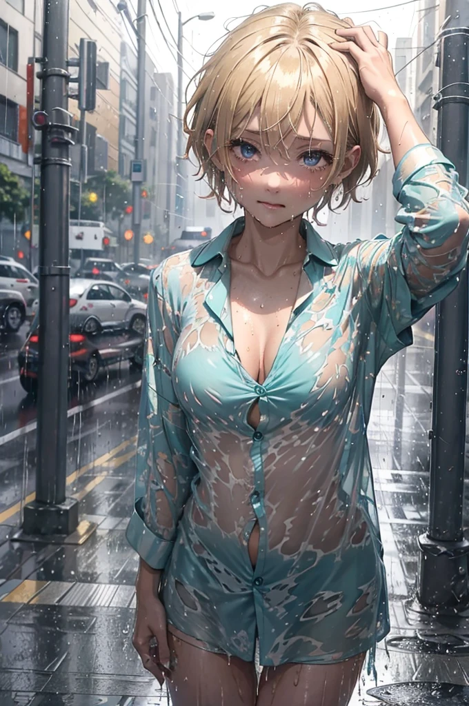 teal-coloured shirt, soaking wet, drenched to the bone, Outside in the dark dimly lit streets, wearing nothing but her pyjama shirt, patterned shirt, soaking wet, heavy rainfall, caramel-blonde hair, gorgeous amazing eyes, depressed purple eyes, crying, sad, very dark, nighttime, pyjama shirt clinging to her body from the rain, very short hair, coloured pyjama shirt, naked below the waist, tiny breasts, 