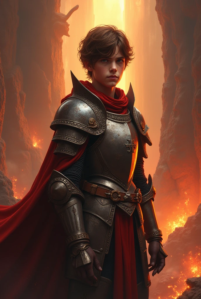 (photorealism:1.2), Paladin, medium armor, faithful, young, brown hair, semidemon, hellish