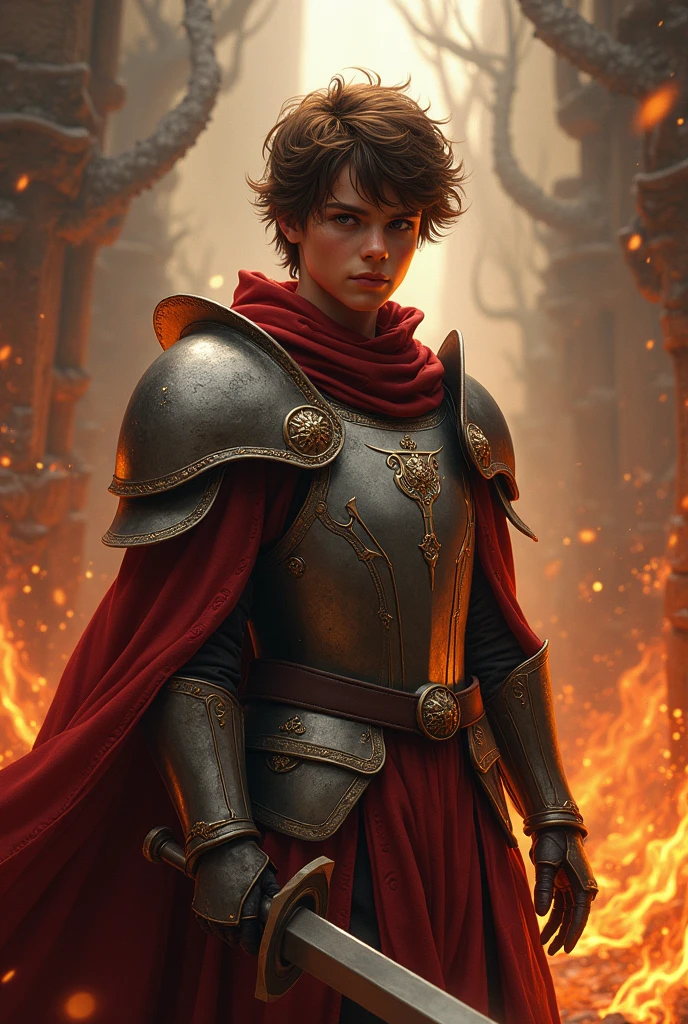 (photorealism:1.2), Paladin, medium armor, faithful, young, brown hair, semidemon, hellish