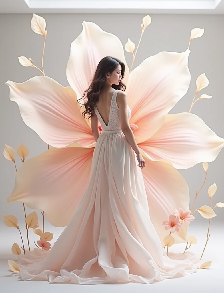 very big flower in background model marge with background some flower leaf comming on model , leaf flowting in air , white background,