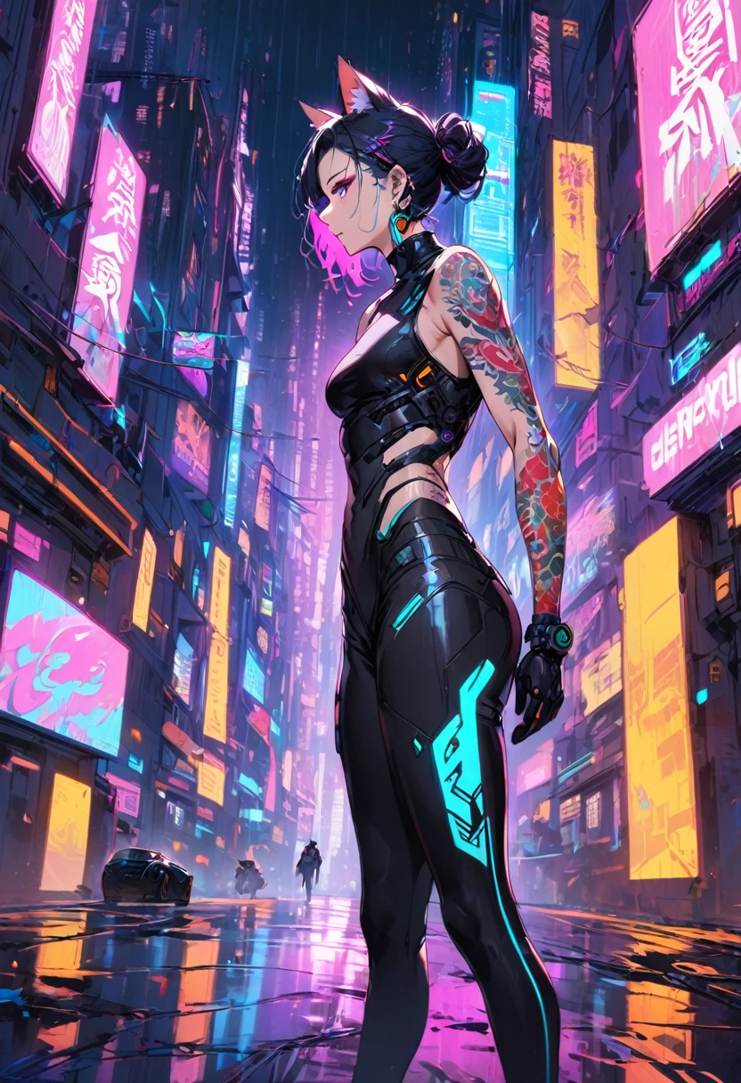 1man, short black hair,fox ears, purple eyes, wearing a white coat, leggings, wearing black undershirt, tattoos on arms, colorful koi tattoos, showing body, cyberpunk, profile picture perspective, neon