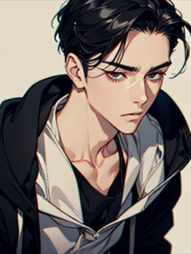  1 male mature, A man, simple, eye contact, face close-up, asian eyes, pale skin, black hair, dark black eyes, half closed eyes, small eyes, elegant, hair slicked back, hoodie. Office Background.