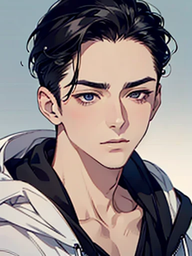1 male mature, A man, simple, eye contact, face close-up, asian eyes, pale skin, black hair, dark black eyes, half closed eyes, small eyes, elegant, hair slicked back, hoodie. Office Background.