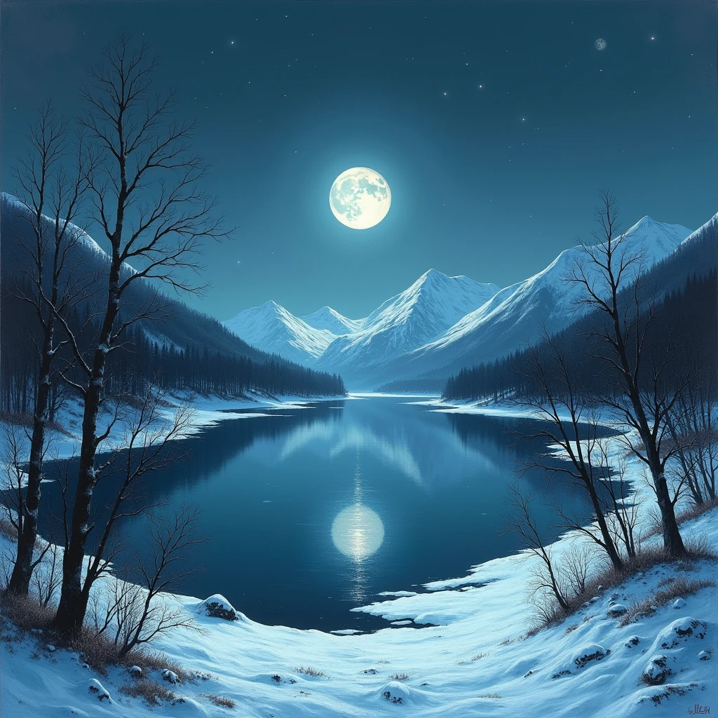 A gloomy winter landscape, with hills covered in snow and ice under the light of the full moon. At the center of the scene, a completely frozen lake reflects the starry sky. The bare trees, covered in frost, stand majestically along the shores of the lake. In the distance, the snow-capped mountains rise against the horizon. The atmosphere is cold and sad, with a slight bluish glow enveloping the entire landscape, creating a sense of chill and terror. In the style of Theodor Kittelsen.