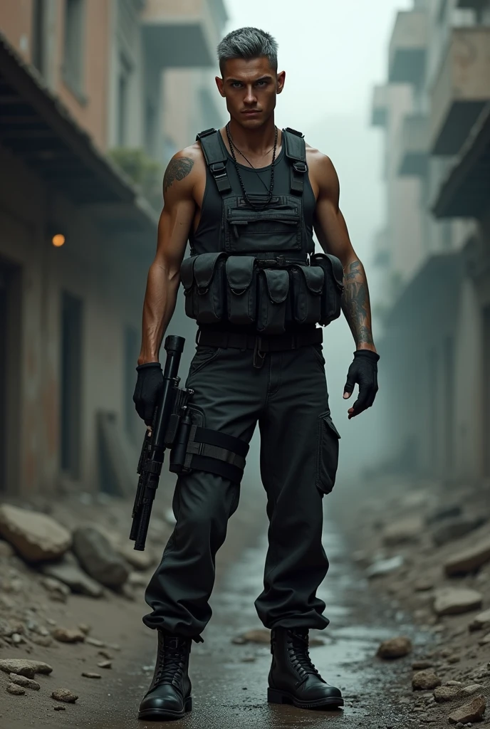 very young man,gray and very short hair,mercenary,wearing dark clothes