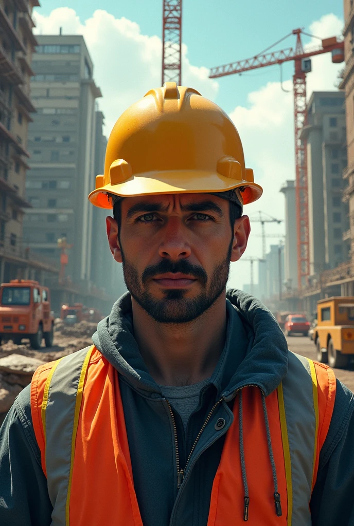 Make a very creative semi-realistic style image of what a worker can look like working safely on a civil construction site. More creative super mega creative crop. Make an image with a line down the middle and on one side make it have nothing safe and on the other half make it have all the safety implements not that it is the same person and that on one side it is safe and on the other side it has nothing.