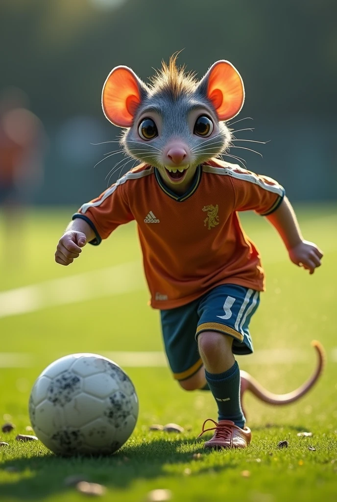 A boy with a rat face, playing soccer