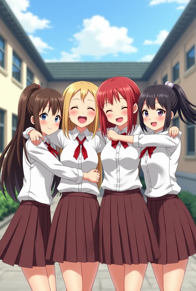 A group of four different happy carefree schoolgirls in white shirts and brown skirts, with hair of different lengths, (flat-chested brunette, Blonde athlete with short hair, long-haired redhead, busty brunette with pigtails), Different breast sizes, hugging each other's shoulders and smiling, in a row, against the backdrop of the academy building