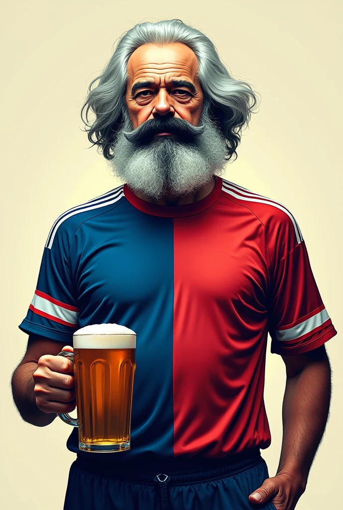 Create a drawing of Karl Marx with a beer mug and a football uniform, with the shirt half blue and half red