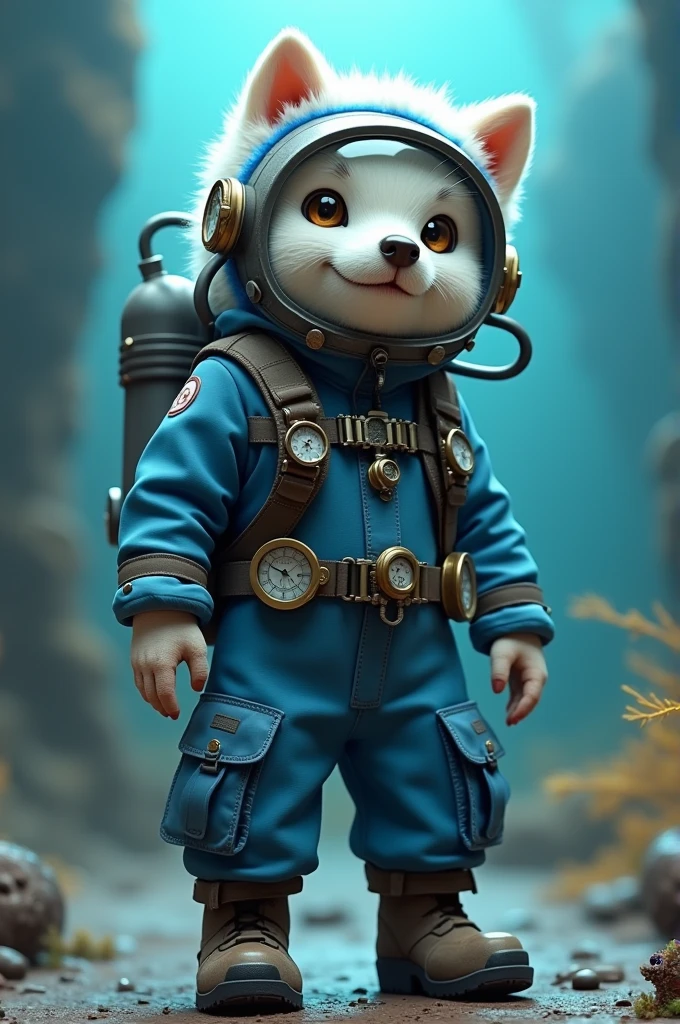 Create a 3D image of a character with a dog head, White fur, dressed in blue diver, cargo pants in gif format