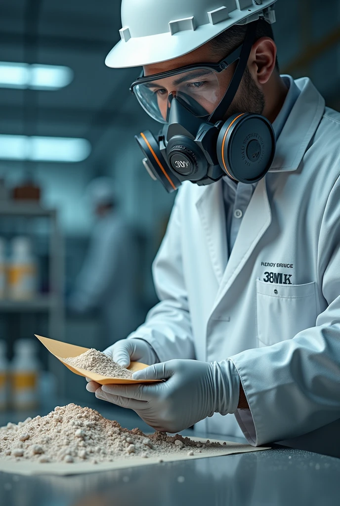 generates the image of a chemical laboratory worker with a white lab coat and a 3M respirator with dust and vapor filters, where you can see up close how it represents a mineral sample in powder form in four parts and how one part is placed inside a labeled envelope and in the background you should see a mineral sample crusher, This background display is required in Instagram post format