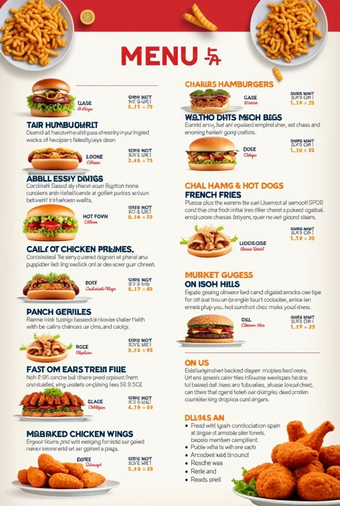 Create a menu of the following products Hamburger, hotdogs, French fries, potato wedges, nuggets, Marinated wings with the name of each product 