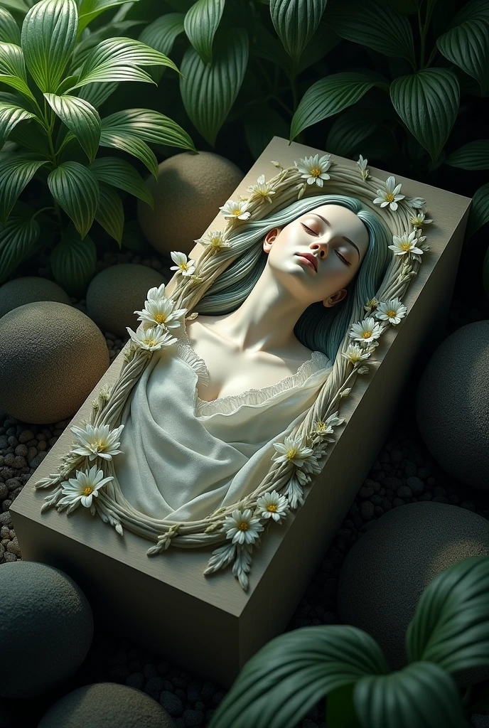 Create an image on a burial box, with elements alluding to the loss of a loved one, like something that would catch your eye to see on the street.
