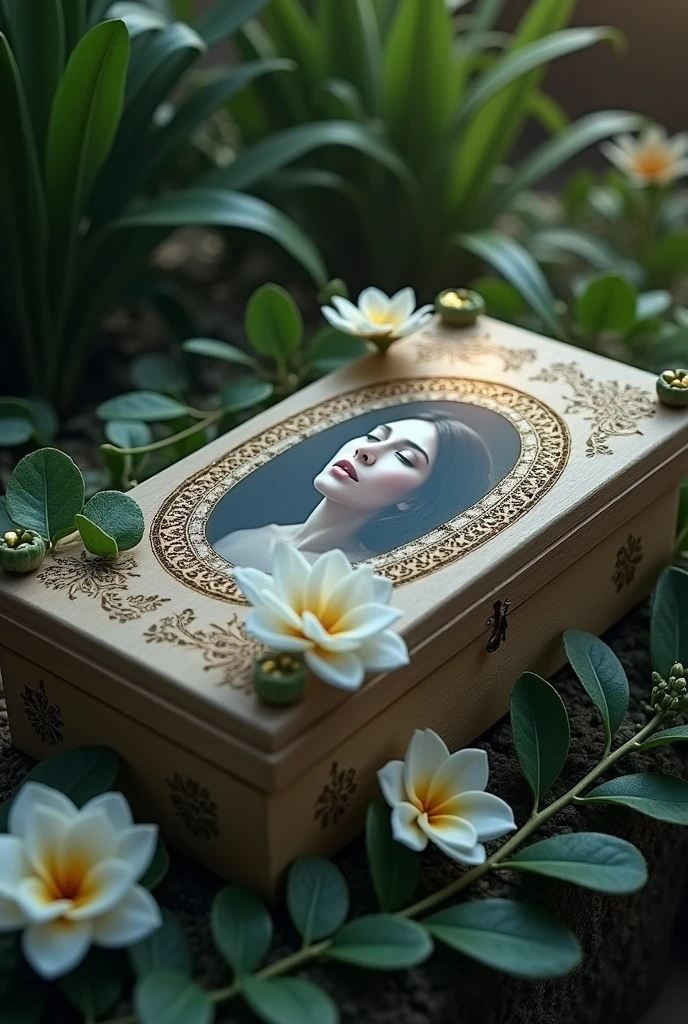 Create an image on a burial box, with elements alluding to the loss of a loved one, like something that would catch your eye to see on the street.