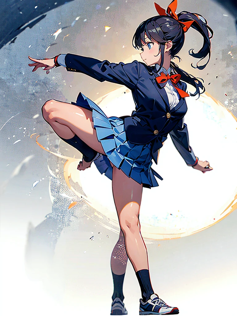 one person, Karate Stance,High Kick,Black Hair, ponytail, Slim body,Small breasts,Bad mood, Slanted Eyes, Character profile, high school student,Navy blue blazer,White blouse,Orange bow ribbon tie,Grey below-the-knee skirt,Vanishing Point, Ultra Wide Angle, Japanese illustration style, 