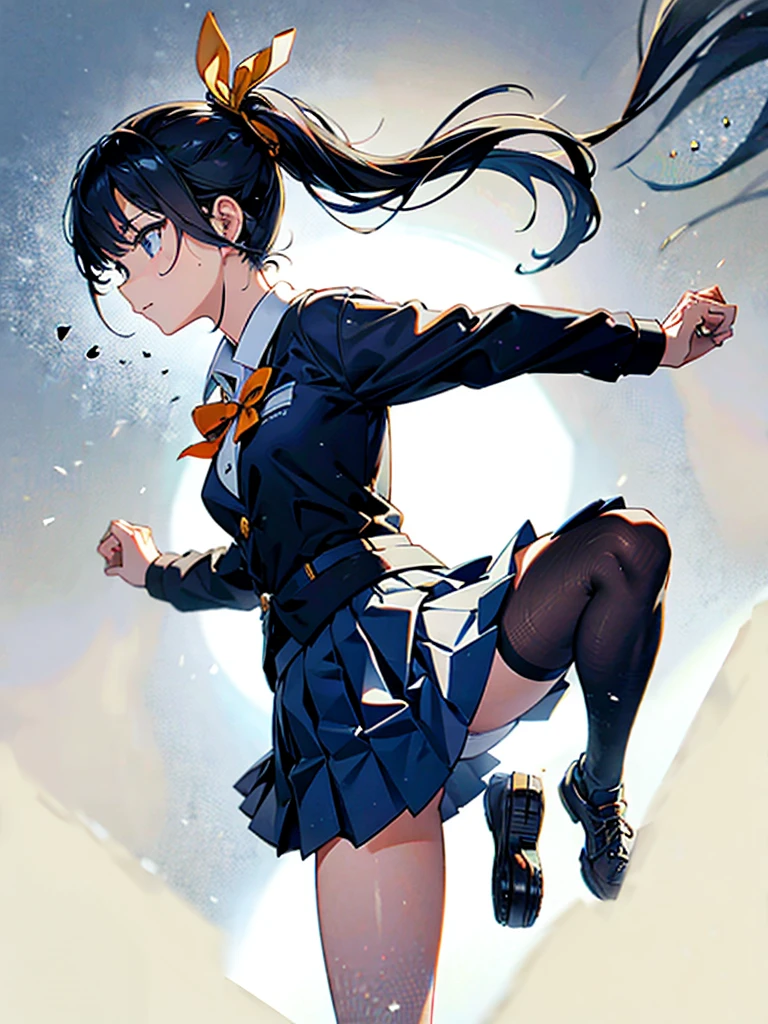 one person, Karate Stance,High Kick,Black Hair, ponytail, Slim body,Small breasts,Bad mood, Slanted Eyes, Character profile, high school student,Navy blue blazer,White blouse,Orange bow ribbon tie,Grey below-the-knee skirt,Vanishing Point, Ultra Wide Angle, Japanese illustration style, 