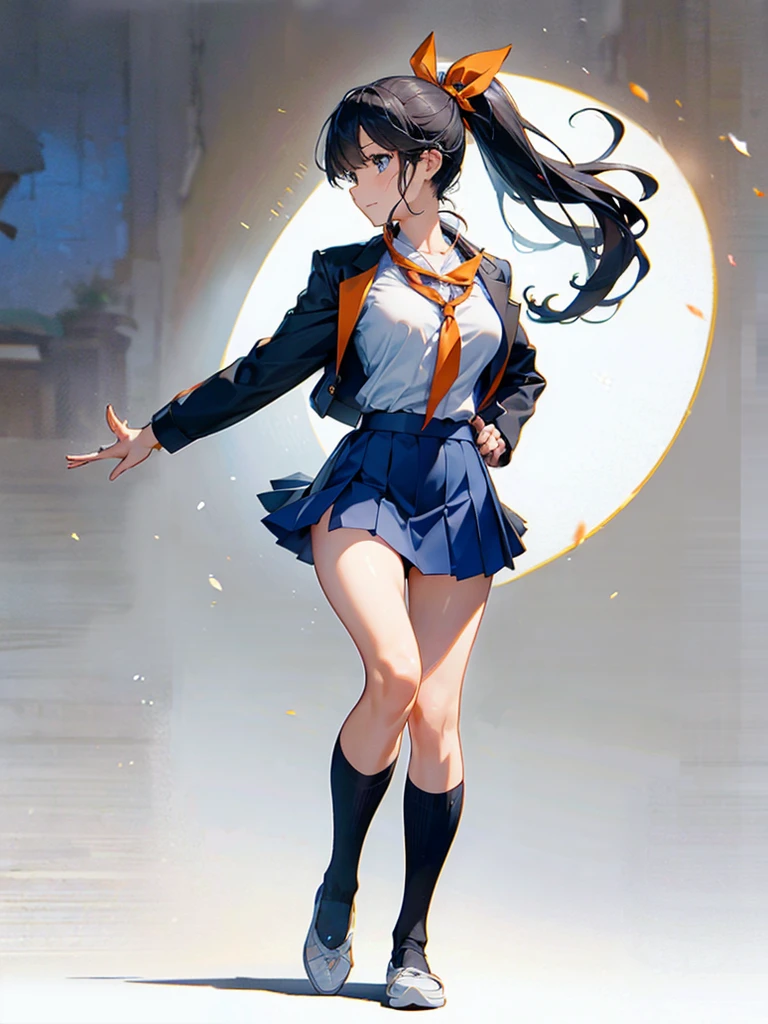 one person, Karate Stance,High Kick,Black Hair, ponytail, Slim body,Small breasts,Bad mood, Slanted Eyes, Character profile, high school student,Navy blue blazer,White blouse,Orange bow ribbon tie,Grey below-the-knee skirt,Vanishing Point, Ultra Wide Angle, Japanese illustration style, 