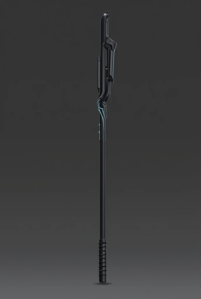 A futuristic, sleek war staff shown in both its extended and retracted forms. The staff is primarily black, with a matte finish, giving it a stealthy and advanced appearance. When extended, the staff reaches its full length, featuring subtle glowing lines along its length that hint at its technological capabilities. The design is minimalistic yet robust, with sharp, angular edges that convey a sense of power and precision. The retracted version is compact, with the segments of the staff neatly collapsing into each other, forming a shorter, portable form. The glowing lines dim when the staff is retracted, adding to its futuristic and tactical aesthetic. The overall design balances functionality with a cutting-edge, high-tech appearance.