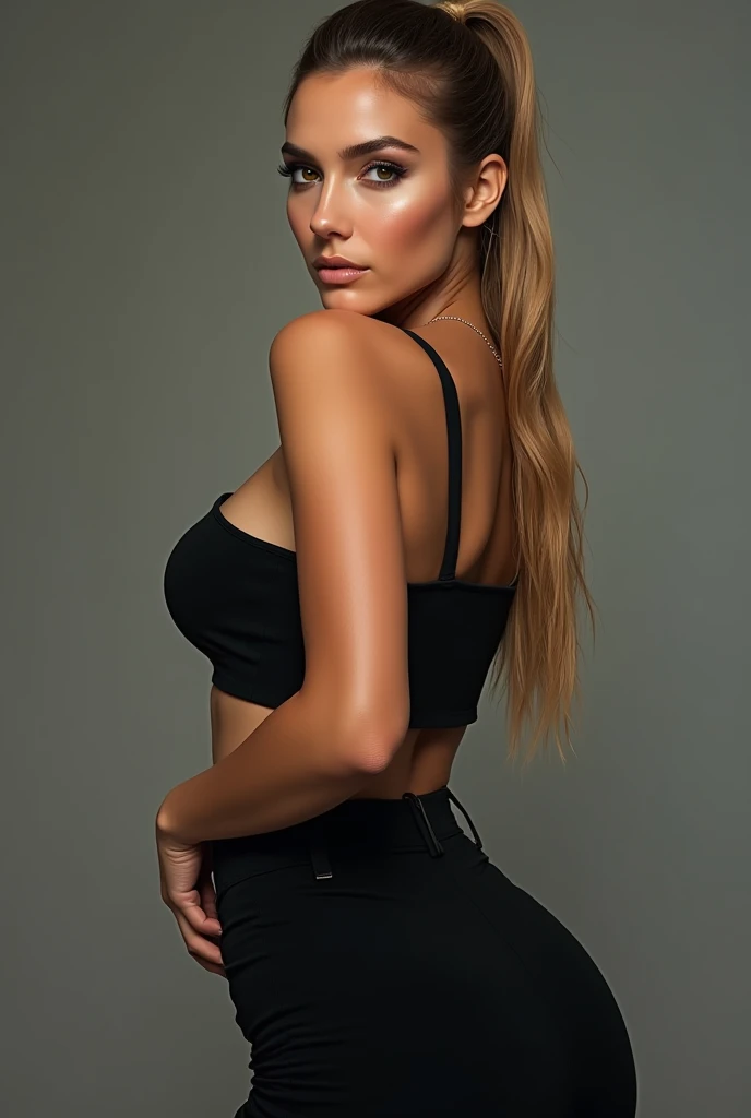 A very realistic and detailed photo of Ana de Armas ,tight black skirt, perfect makeup, long sleek ponytail blonde hair, high quality photo 4k, very detailed, perfect fit, looking at the camera, detailed realistic face, detailed brown eyes, confident,
