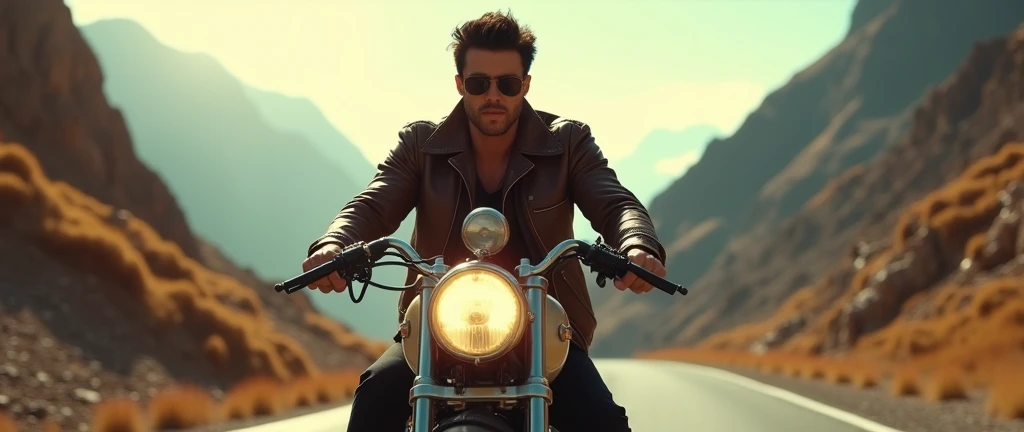 a man dark hair in a brown leather jacket and sunglasses riding a vintage motorcycle, art deco, retro, mountainous road landscape, freedom, cinematic, detailed landscape, laica photo, extremely detailed face, beautiful detailed eyes, beautiful detailed lips, cinematic lighting, dramatic shadows, warm color palette, ray of sunlight, motion blur, depth of field