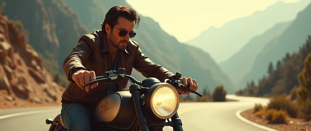a man dark hair in a brown leather jacket and sunglasses riding a vintage motorcycle, art deco, retro, mountainous road landscape, freedom, cinematic, detailed landscape, laica photo, extremely detailed face, beautiful detailed eyes, beautiful detailed lips, cinematic lighting, dramatic shadows, warm color palette, ray of sunlight, motion blur, depth of field
