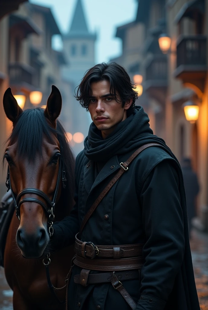handsome man, medium black hair, age 25, old black clothes, expression would be scenery in the background of an ancient city. He is standing next to a horse, at night.